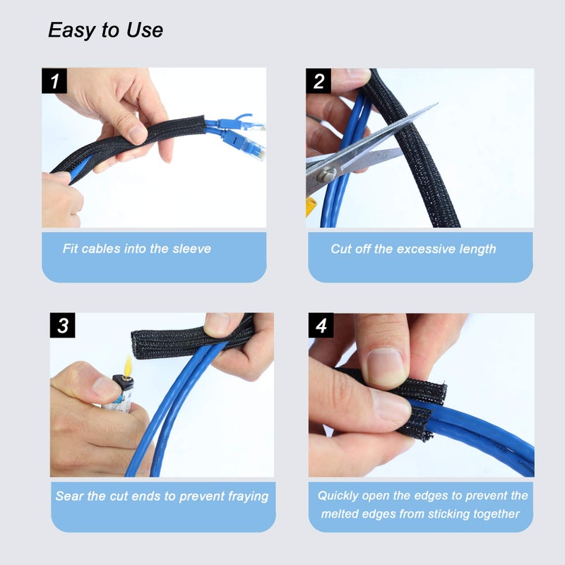 CrocSee 10ft - 1/4 inch Braided Cable Management Sleeve Cord Protector - Self-Wrapping Split Wire Loom for TV/Computer/Home Theater/Engine Bay - Black - Image 5